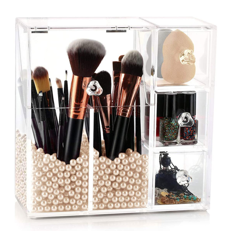 Acrylic Makeup Organizer with Brush Holders and Drawers Dustproof Box
