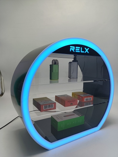 Vertical LED e-cigarette display cabinet surrounded by circular arc of light and shadow